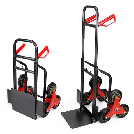 Folding stair climber hand truck with 440 lbs capacity, featuring tri-wheel design, adjustable height, and foldable frame for easy transport.