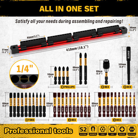 ELEAD 38-piece magnetic screwdriver bit set with storage rail and S2 steel bits