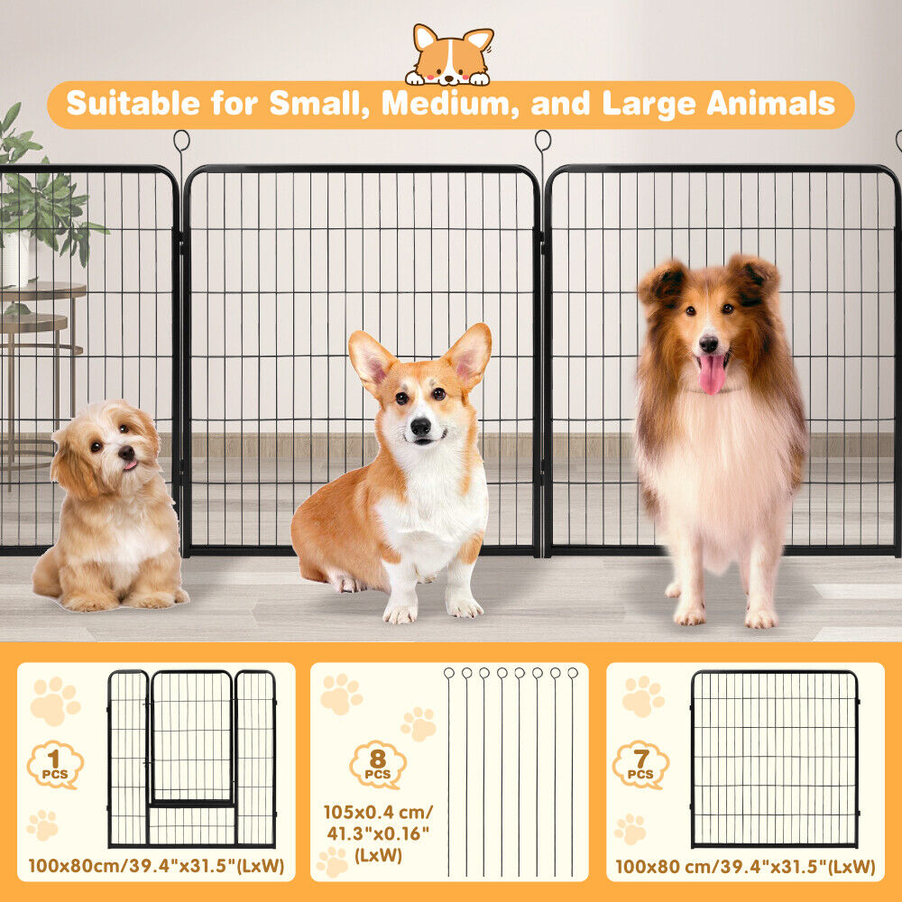 Foldable and adjustable metal pet playpen with 8 panels for indoor and outdoor use, suitable for small to large pets.