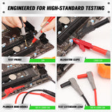 SWANLAKE 27-piece multimeter test lead kit with high-temp silicone wires, alligator clips, replaceable gold probes, and complete electronic diagnostic accessories.