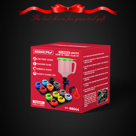 17-piece engine oil funnel kit with colour-coded adapters, magnetic tray and leak-proof 1.5L funnel for easy vehicle oil changes