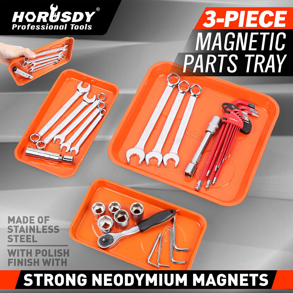 Horusdy 3-piece magnetic parts tray set in orange, stainless steel, strong neodymium magnets for secure tool storage