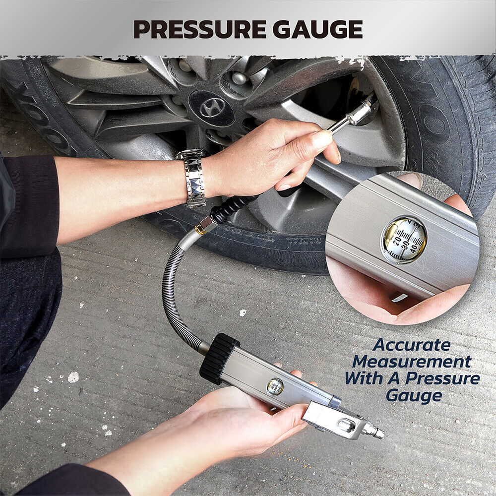Handheld tire inflator with digital pressure gauge, dual head chucks, and TPMS compatibility for accurate inflation and deflation.
