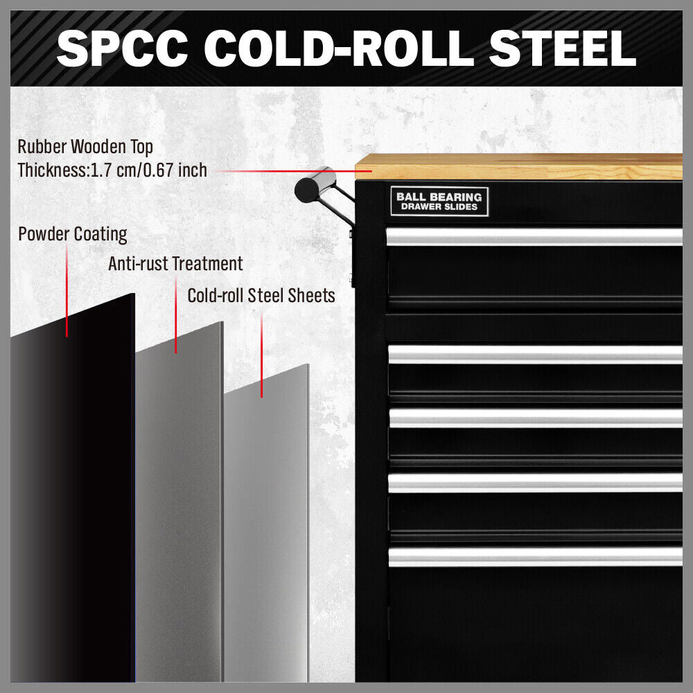 Heavy-duty HORUSDY tool chest cabinet with 42/46-inch width, 8/9 spacious drawers, wooden worktop, and lockable wheels for organized and mobile tool storage
