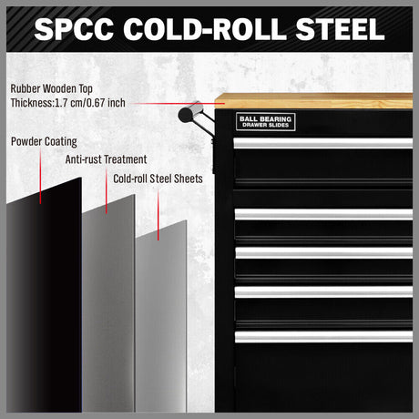 Heavy-duty HORUSDY tool chest cabinet with 42/46-inch width, 8/9 spacious drawers, wooden worktop, and lockable wheels for organized and mobile tool storage