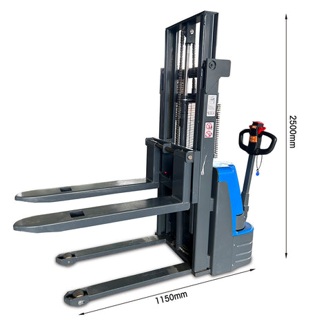 Battery-powered walkie stacker with 2.5m lift height and 1500kg load capacity. Ideal for efficient material handling in warehouses, featuring ergonomic design, easy maneuverability, and high lifting performance.