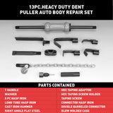13-piece heavy-duty dent puller kit with slide hammer, durable chrome-vanadium steel construction, and blow-molded case for easy auto body repair.