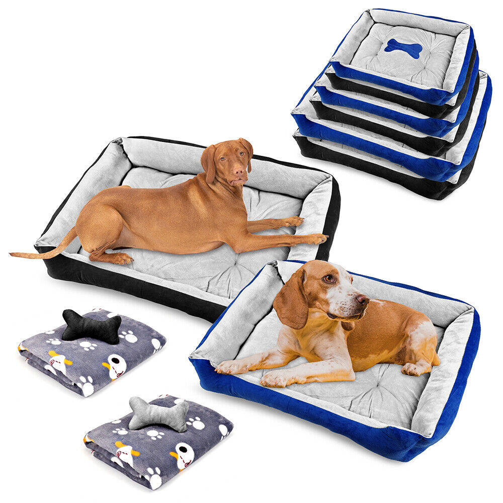 Vaka Dog Calming Bed in L, XL, XXL sizes, showcasing included free blankets and plush dog toy for the ultimate pet comfort.