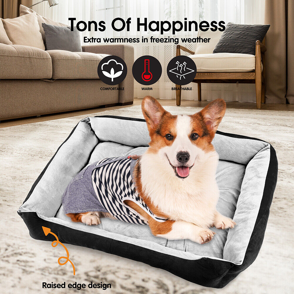 Vaka Dog Calming Bed in L, XL, XXL sizes, showcasing included free blankets and plush dog toy for the ultimate pet comfort.