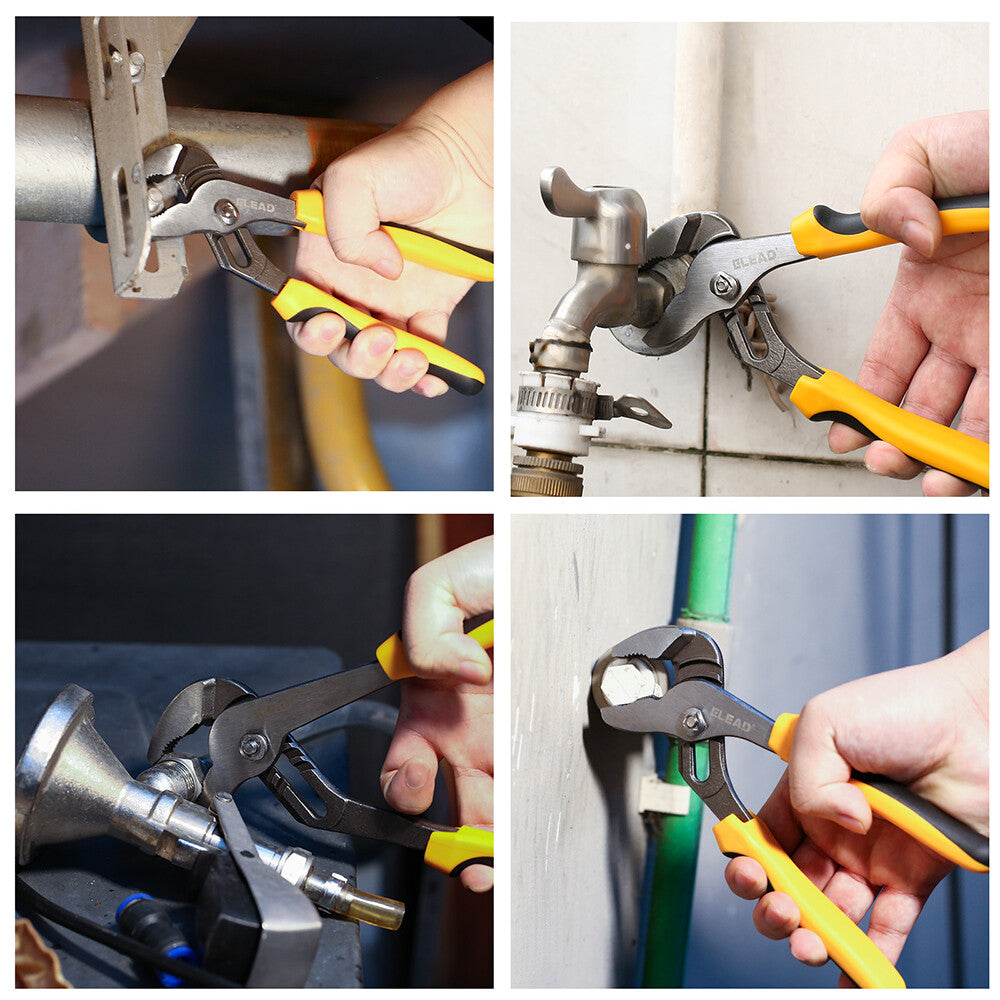 ELEAD 4-piece adjustable groove joint pliers set with ergonomic non-slip handles, roll-up storage bag, and multiple jaw sizes for versatile gripping.