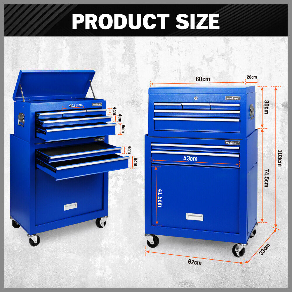 Heavy duty 7-drawer tool box chest with lockable storage cabinet in black, blue, and grey options