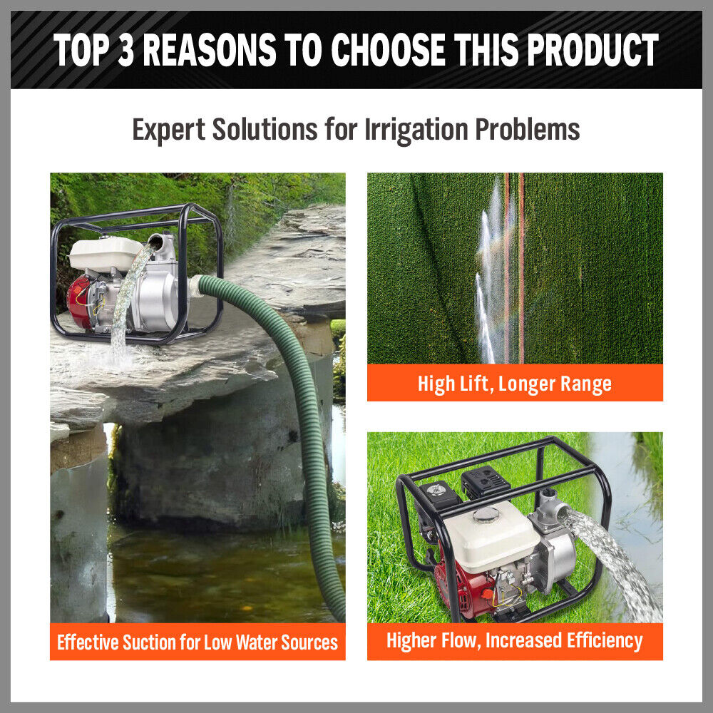 Gasoline water pump with 5.5HP engine, 30m³/h flow rate, 2-inch outlet, ideal for irrigation and high-efficiency water transfer
