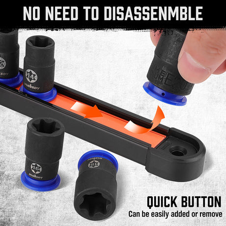 HORUSDY 13-piece female external star socket set with E4–E20 sizes, 2 drive adapters, durable CR-V steel construction and quick-release storage rack