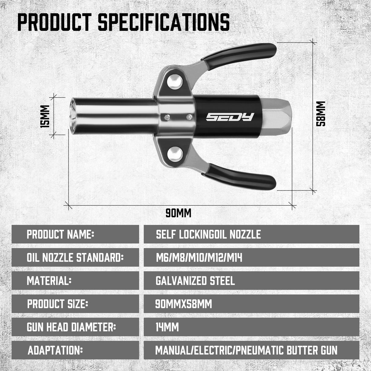 HORUSDY self-locking grease coupler with dual handle, 6-jaw reinforced design, supports M6 to M14 fittings, for high-pressure lubrication up to 14000 PSI