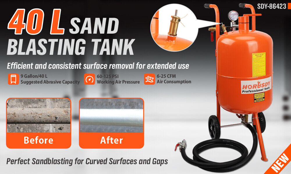 HORUSDY 40L sand blasting tank, featuring a high-pressure abrasive blaster with a 60-125 PSI working range, durable rubber wheels, and a 40L media capacity for heavy-duty surface cleaning.