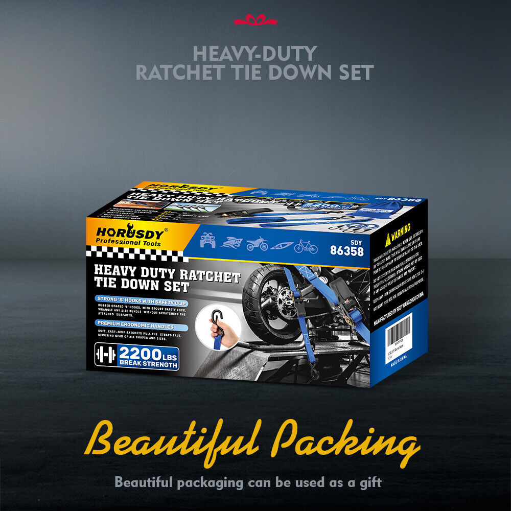 Heavy-duty ratchet tie-down straps with 2200 lbs break strength, rubber-coated S-hooks, ergonomic handles, bungee cords, and a premium storage bag.