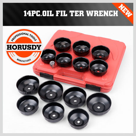 15-piece cup type oil filter wrench tool set for automotive maintenance, including various sizes of oil filter sockets in a red carrying case.
