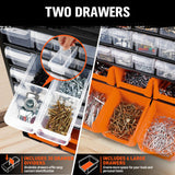 Wall mount 36 drawer parts organiser with clear and orange bins for screws, tools, and hardware storage