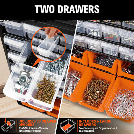 Wall mount 36 drawer parts organiser with clear and orange bins for screws, tools, and hardware storage