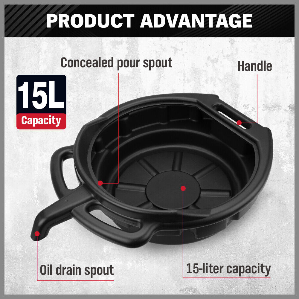 SEDY 15L Oil Change Pan Black with Portable Handle and Anti-Spill Design