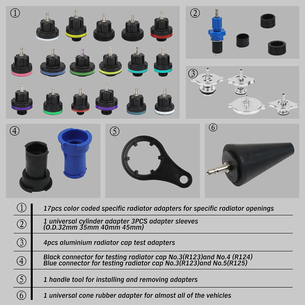 34pc pneumatic coolant pressure tester vacuum cooling system purge and refill kit with various radiator adapters, hose, and storage case