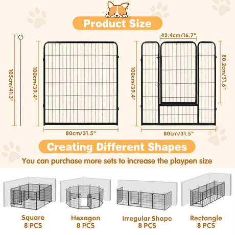Foldable and adjustable metal pet playpen with 8 panels for indoor and outdoor use, suitable for small to large pets.