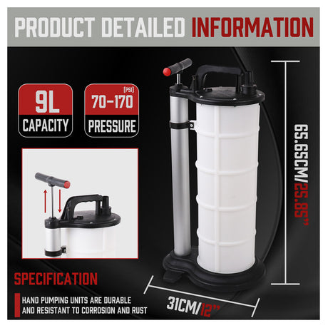 HORUSDY 9L oil extractor pump with hand pump, polypropylene tank and multiple hose sizes for engine oil, brake fluid and vehicle fluid extraction