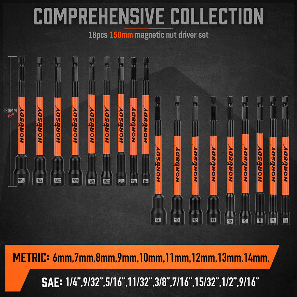 HORUSDY 18Pc Magnetic Nut Driver Set SAE Metric Nut Driver Set Impact Drill Tool