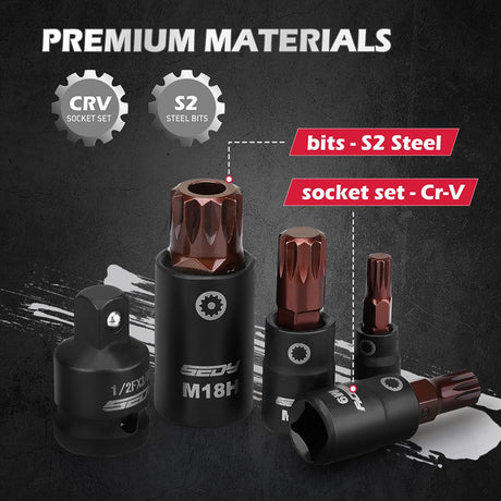 HORUSDY 13-piece triple square spline bit socket set with CR-V sockets, S2 bits, and a magnetic storage rail for mechanics and DIY use