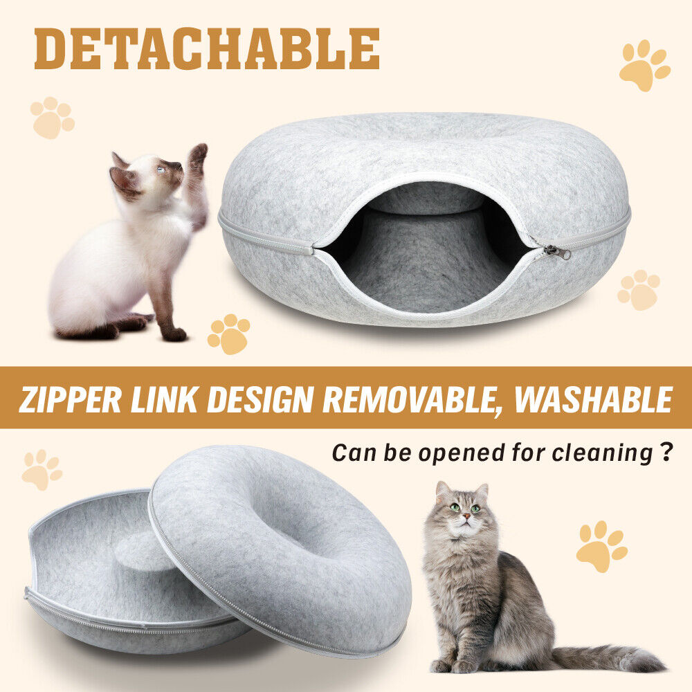 Cozy VaKa Cat Tunnel Bed in light and dark grey, M and L sizes, with a detachable and washable design, offering a free toy for cats.