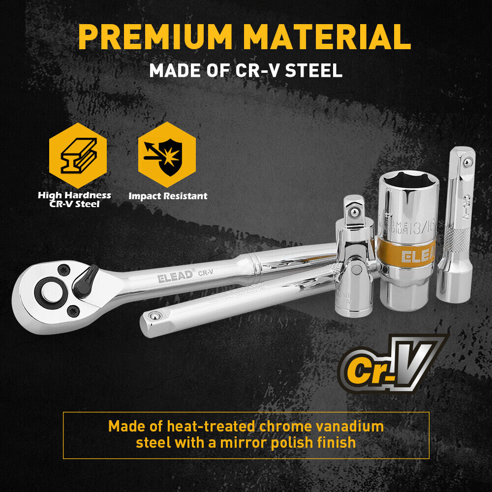 12-piece 3/8" drive socket accessory set with CR-V steel, 6-point design, includes extension bars, universal joint, spark plug gapper, and ratchet handle.