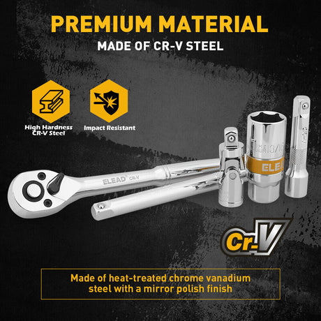 12-piece 3/8" drive socket accessory set with CR-V steel, 6-point design, includes extension bars, universal joint, spark plug gapper, and ratchet handle.