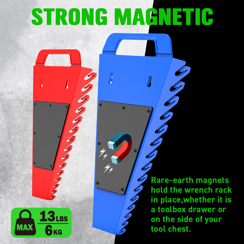 Set of four SWANLAKE magnetic wrench organisers with 15 slots each in red and blue, heavy-duty holders with strong magnets for wall or toolbox use
