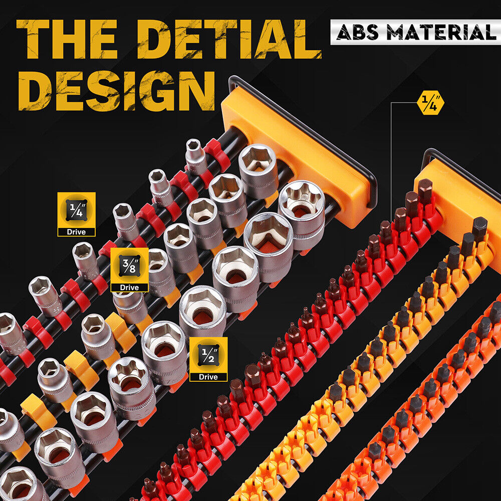 The HORUSDY 2-Pack Socket Rail and Screwdriver Bit Holder Set is made from durable ABS material, designed to hold 75 bits and 42 sockets. Suitable for organizing 1/4", 3/8", and 1/2" drive tools. Features spring-loaded ball bearings for secure socket storage and easy portability for workshops and garages.