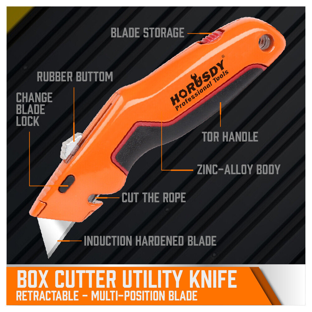 HORUSDY box cutter utility knife with retractable blade, zinc-alloy body, TPR handle, and quick-change blade system for heavy-duty cutting tasks.