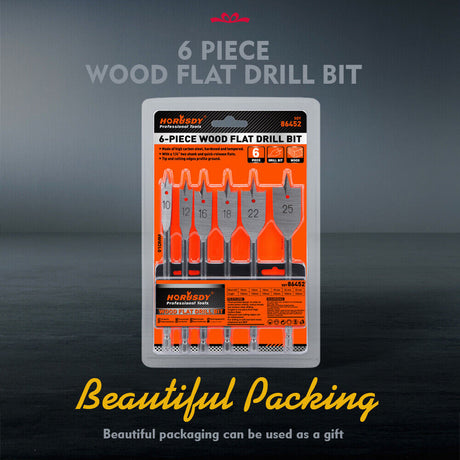 6-piece wood flat drill bit set with 1/4" hex shank for woodworking, featuring high-quality alloy steel and polished surface for fast drilling and chip removal.