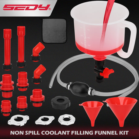 Non-spill coolant filling funnel kit with universal adapters, siphon hose pump, and precise filling features, designed for automotive and machinery use.