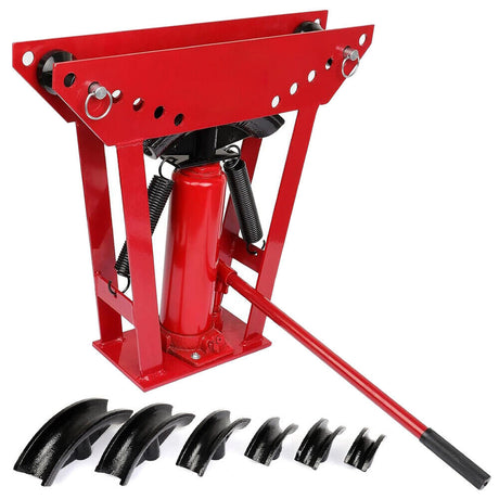 12-ton hydraulic pipe bender with 6-piece die set for precision 90-180 degree bending of steel, aluminum, and copper pipes, ideal for professional metalworking.