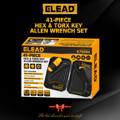 "41-piece hex and torx key allen wrench set with T-handle, featuring metric and SAE sizes, ideal for mechanics and DIY enthusiasts."