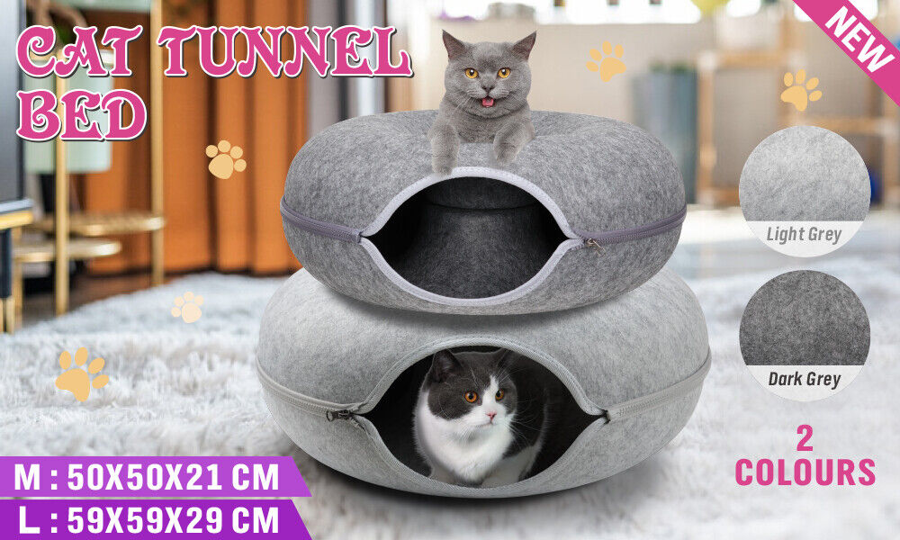 Cozy VaKa Cat Tunnel Bed in light and dark grey, M and L sizes, with a detachable and washable design, offering a free toy for cats.