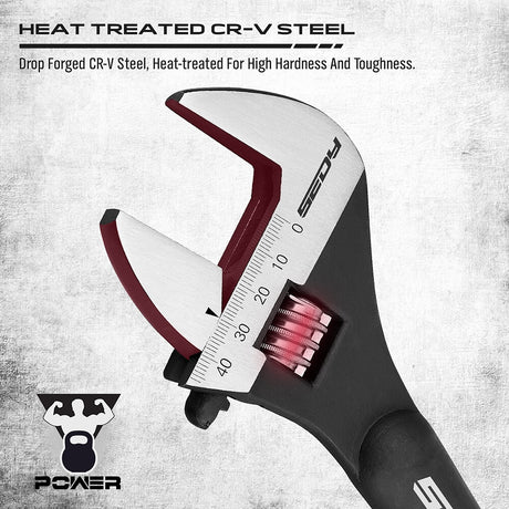 13-piece adjustable wrench set with heavy-duty Cr-V steel, laser-etched scale, rust-resistant finish, and crowbar design.