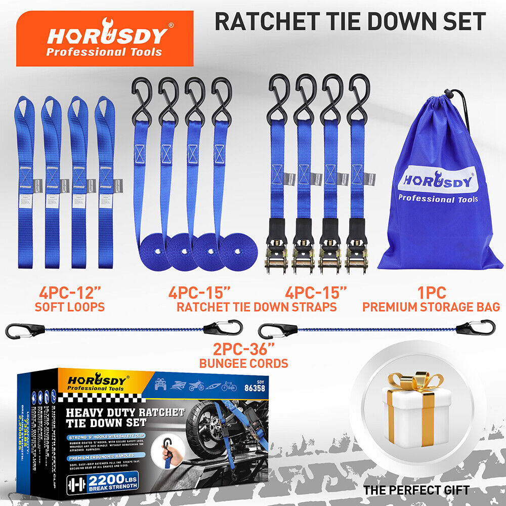 Heavy-duty ratchet tie-down straps with 2200 lbs break strength, rubber-coated S-hooks, ergonomic handles, bungee cords, and a premium storage bag.