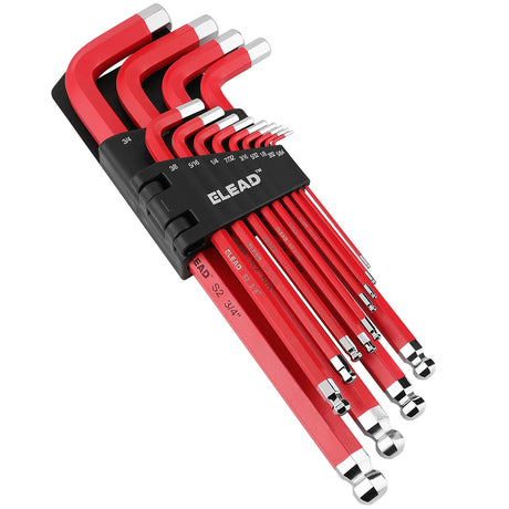 ELEAD 13-piece red hex key set with ball ends and size indicators, ranging from 5/64” to 3/4", for precision work in tight spaces