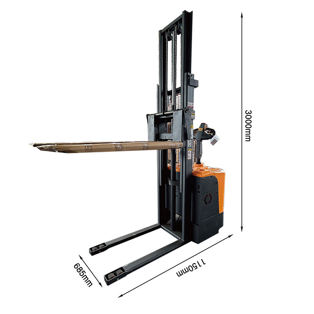 Stand-up electric stacker with 3-meter lift height and 1500kg capacity. Designed for efficient material handling in warehouses, featuring durable construction, ergonomic controls, and compact design for easy maneuverability.