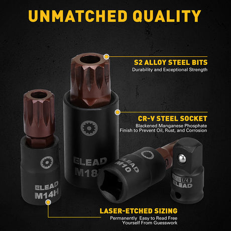 ELEAD 13-Piece Spline Bit Socket Set with S2 Alloy Steel and CR-V, Includes 3 Adapters for Versatile Applications