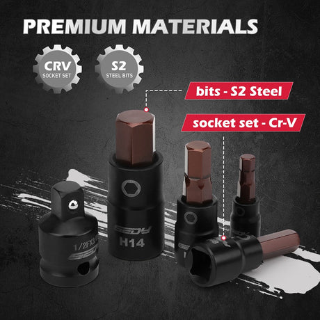 SEDY 16-Piece Metric Hex Bit Socket Set with Magnetic Rail and CR-V Sockets