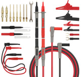 SWANLAKE 27-piece multimeter test lead kit with high-temp silicone wires, alligator clips, replaceable gold probes, and complete electronic diagnostic accessories.