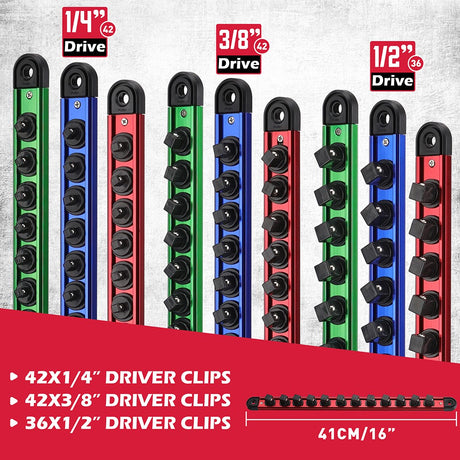 Magnetic Socket Organizer Rail Set with Adjustable Clips for Tool Storage