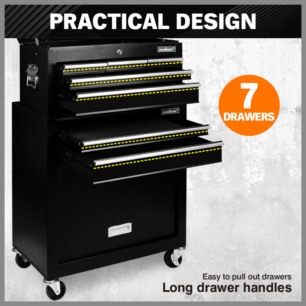 Heavy duty 7-drawer tool box chest with lockable storage cabinet in black, blue, and grey options