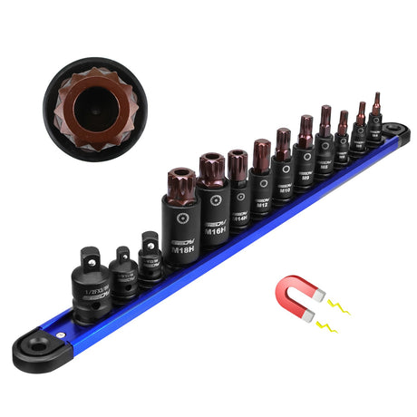 HORUSDY 13-piece triple square spline bit socket set with CR-V sockets, S2 bits, and a magnetic storage rail for mechanics and DIY use